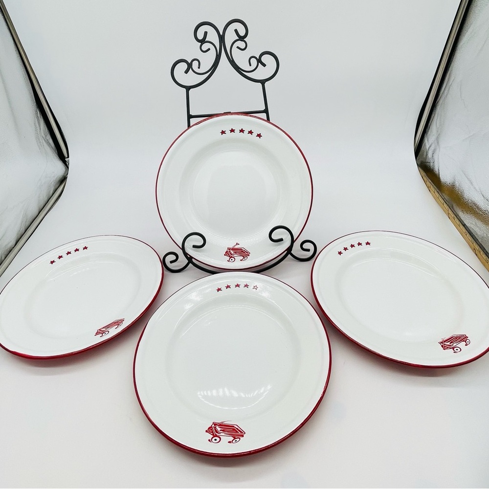 Taipro Enamelware Metal Plate with Little Red Wagon 4 dinner plates
